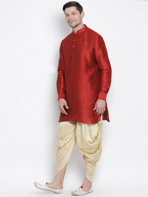Vastramay Vastramay Men's Maroon Silk Blend Curved Kurta Dhoti Set